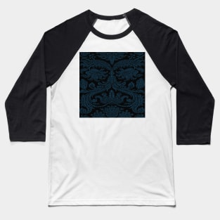 Dark Dusty Blue on Black Gothic Royal Medieval Damask Scrolls Baseball T-Shirt